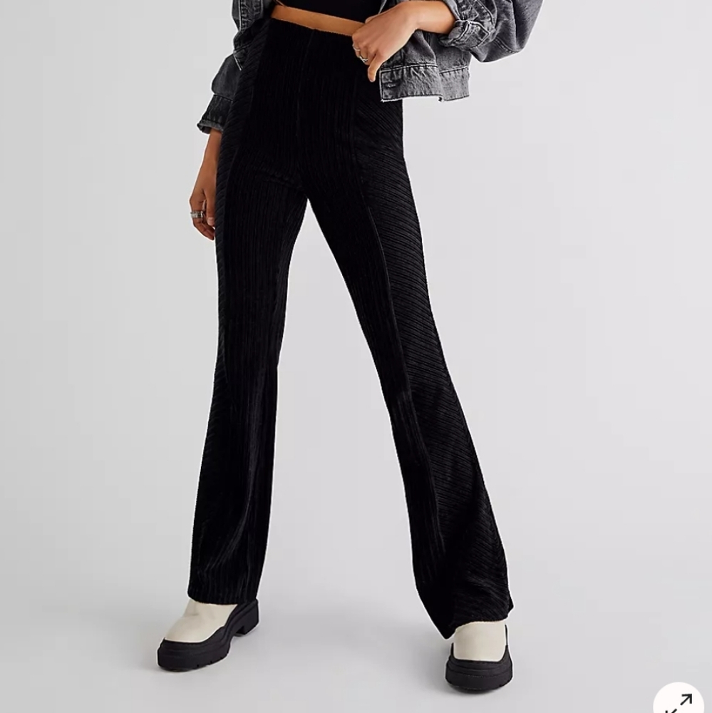 Free People Black Ribbed Slim Velvet Pull-On Flared Pants